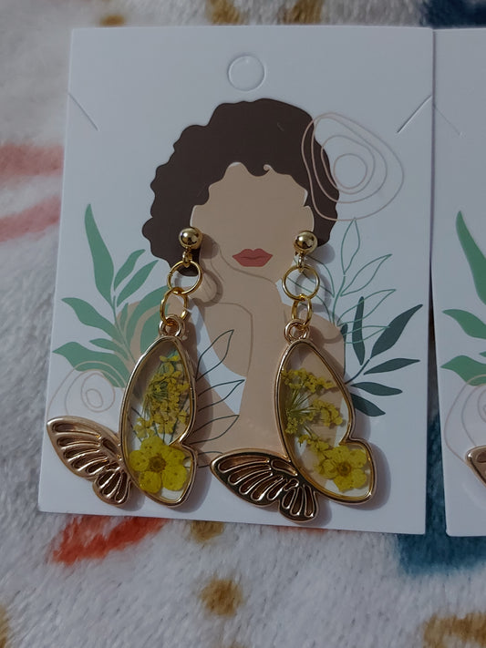 Yellow floral butterfly earrings