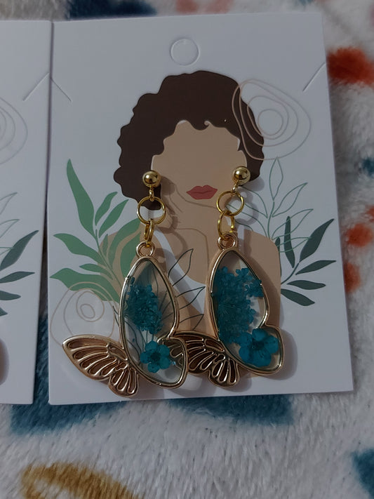 Blue floral butterfly earrings